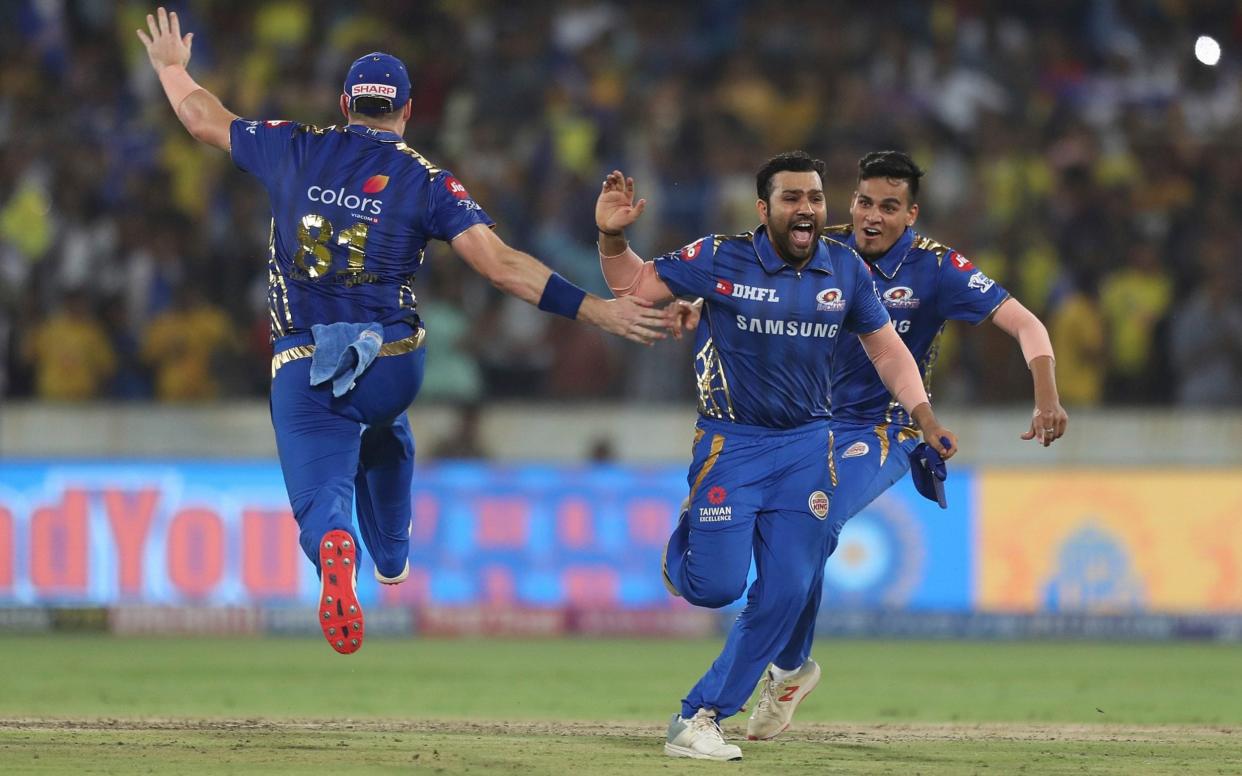 Mumbai Indians captain Rohit Sharma, second right, and teammates celebrate their win in the VIVO IPL T20 cricket final match between Mumbai Indians and Chennai Super Kings in Hyderabad, India, Sunday, May 12, 2019. - AP