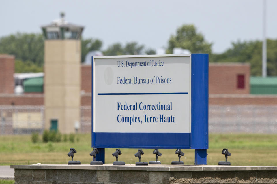 The entrance to the federal prison in Terre Haute, Ind., Wednesday, July 15, 2020. Wesley Ira Purkey, who raped and murdered a 16-year-old girl and killed an 80-year-old woman is scheduled to b e executed at 7:30 pm on Wednesday. (AP Photo/Michael Conroy)