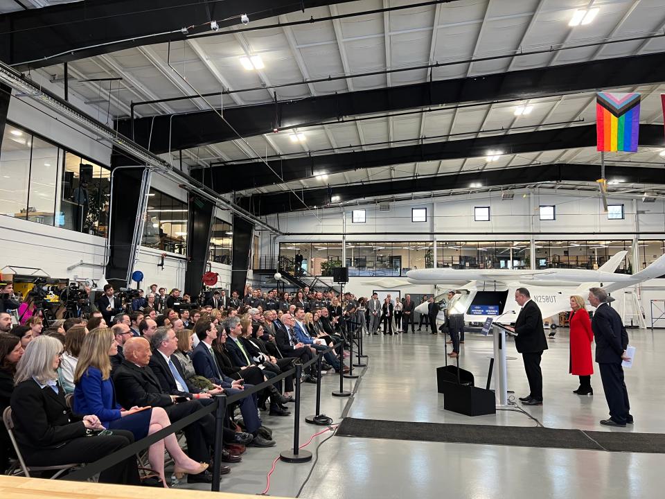 U.S. Secretary of Education Miguel Cardona speaks about the importance of investing in career-focused education before Vermonters at Beta Technologies in South Burlington on April 5, 2023.