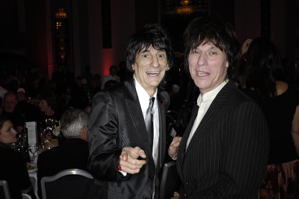 LONDON, UNITED KINGDOM - NOVEMBER 3: Ronnie Wood (L)  and Jeff Beck at the 2008 Classic Rock Awards, Park Lane Hotel, London, November 3, 2008. (Photo by Will Ireland/Classic Rock Magazine/Future Publishing via Getty Images)