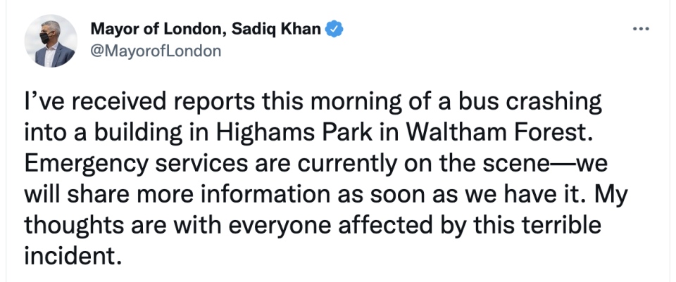 London Mayor Sadiq Khan tweeted that his thoughts were with those involved (Twitter) 