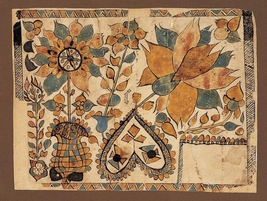 This image released by the American Folk Art Museum in New York shows Fraktur with Inverted Heart, a watercolor and ink on paper from 1803. The museum’s collection includes a number of lovingly crafted tokens of affection from various periods. (American Folk Art Museum Collection via AP)