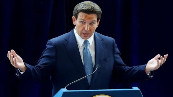 PHOTO: Florida Governor Ron DeSantis speaks about his new book 'The Courage to Be Free' in the Air Force One Pavilion at the Ronald Reagan Presidential Library on March 5, 2023 in Simi Valley, Calif. (Mario Tama/Getty Images)