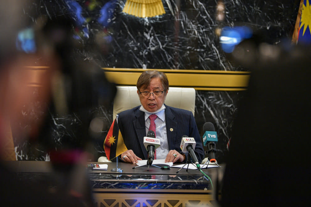 Sarawak Chief Minister Datuk Patinggi Abang Johari Openg speaks during a press conference on the enforcement of the Covid-19 standard operating procedure (SOP) at Wisma Bapa Malaysia in Petra Jaya, April 19, 2021. — Bernama pic