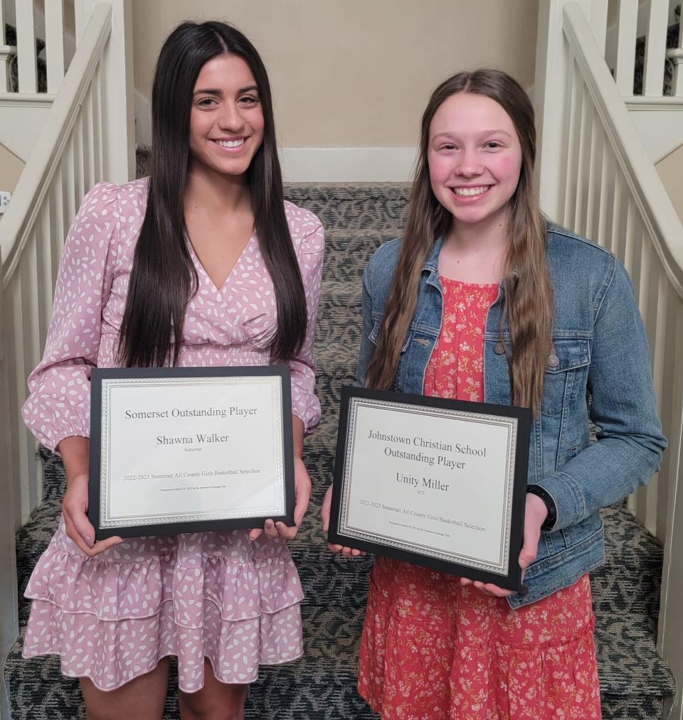 Pictured from left are Somerset Area High School Outstanding Player Shawna Walker and Johnstown Christian School Outstanding Player Unity Miller.