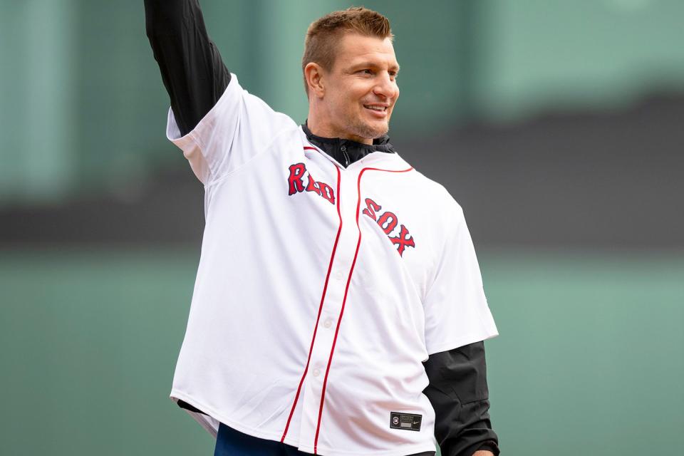 <p>Maddie Malhotra/Boston Red Sox/Getty</p> Rob Gronkowski, April 2024