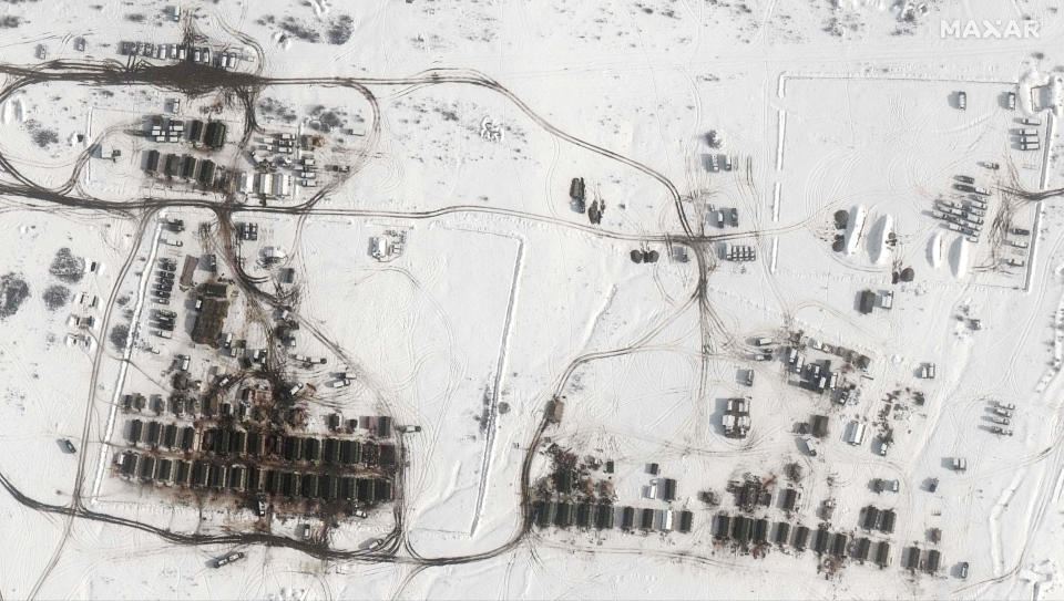 This satellite image shows troop tents, shelters and deployments in the Angarsky training area of Crimea on Feb. 1, 2022. (Maxar via AFP - Getty Images)