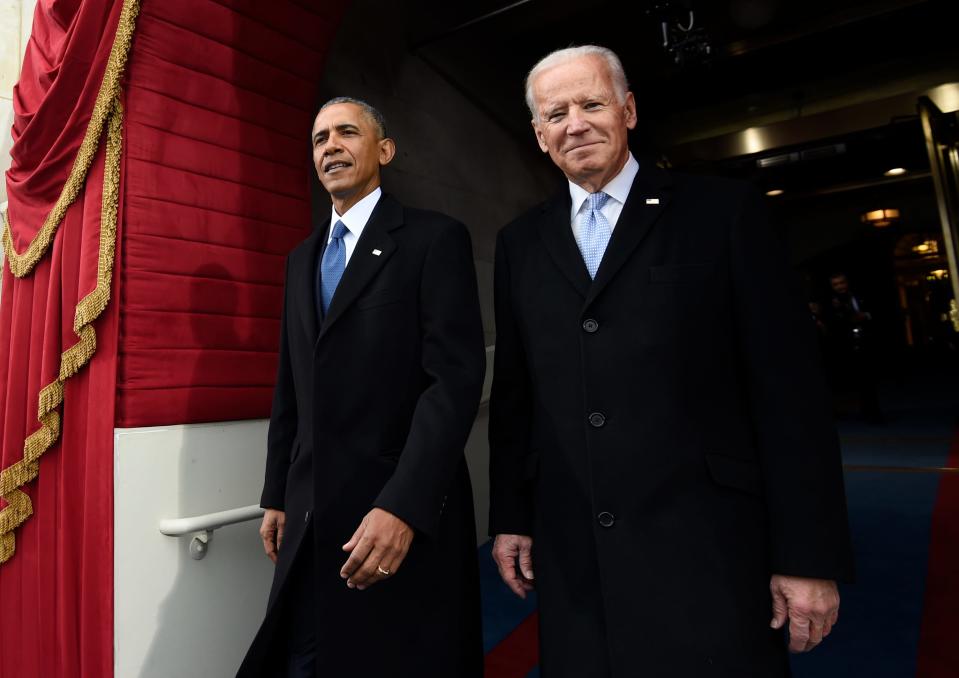 President Barack Obama and Vice President Joe Biden arrive Jan. 20, 2017, for the inauguration of Donald Trump at the U.S. Capitol in Washington.