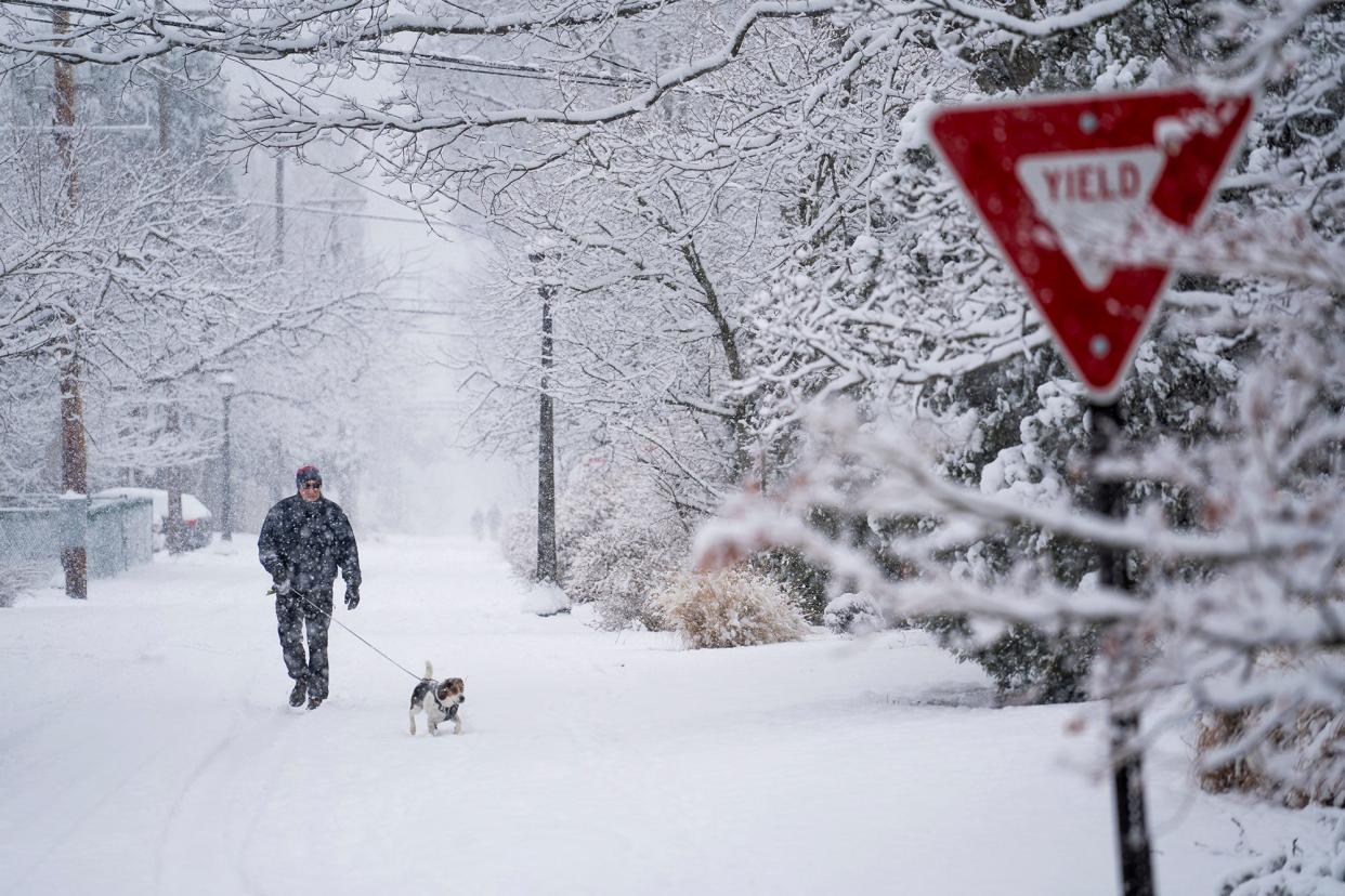 Keith Gengras, walks his beagle mix, Rex, as snow falls Sunday in Clintonville.