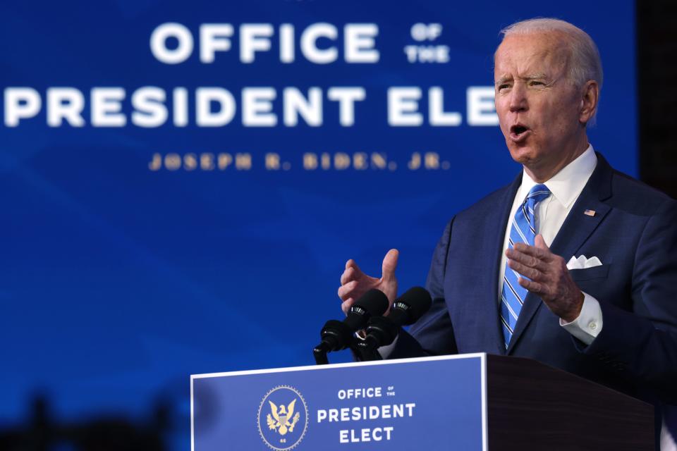 President-elect Joe Biden lays out his coronavirus plan on Jan. 14, 2021, in Wilmington, Delaware.