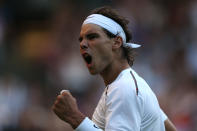 LONDON, ENGLAND - JUNE 28: Rafael Nadal of Spain reacts during his Gentlemen's Singles second round match against Lukas Rosolon of the Czech Republic on day four of the Wimbledon Lawn Tennis Championships at the All England Lawn Tennis and Croquet Club on June 28, 2012 in London, England. (Photo by Clive Rose/Getty Images)