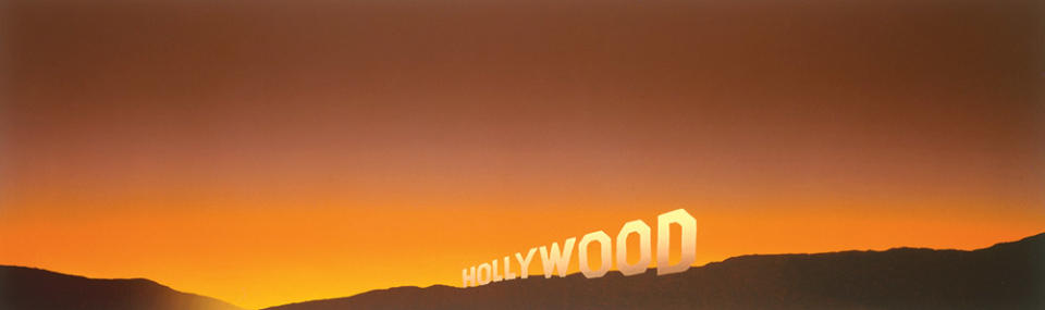 A trio of Ruscha’s paintings, all included in the new Now Then retrospective at LACMA, include Hollywood, 1968