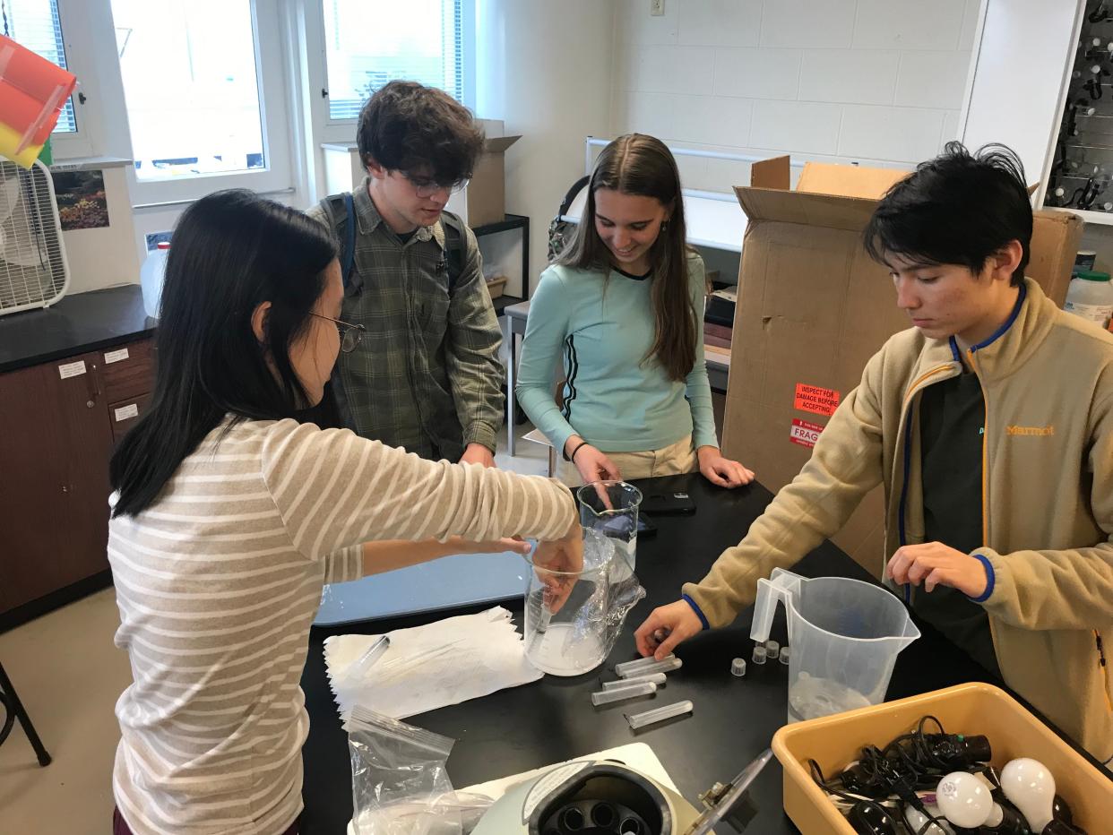 Working in the Bloomington High School South lab, Rebekah Mou mixes a buffer to create barium sulfate microspheres, on the way to a better white paint. Observing are Kieffer Kettenis, Emma Shaw, and Ethan Kiang.