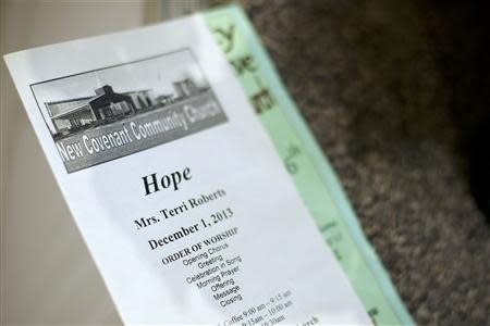 The church program at New Covenant Community Church where Terri Roberts, the mother of Amish school shooter Charles Roberts, spoke in Delta, Pennsylvania on December 1, 2013. REUTERS/Mark Makela