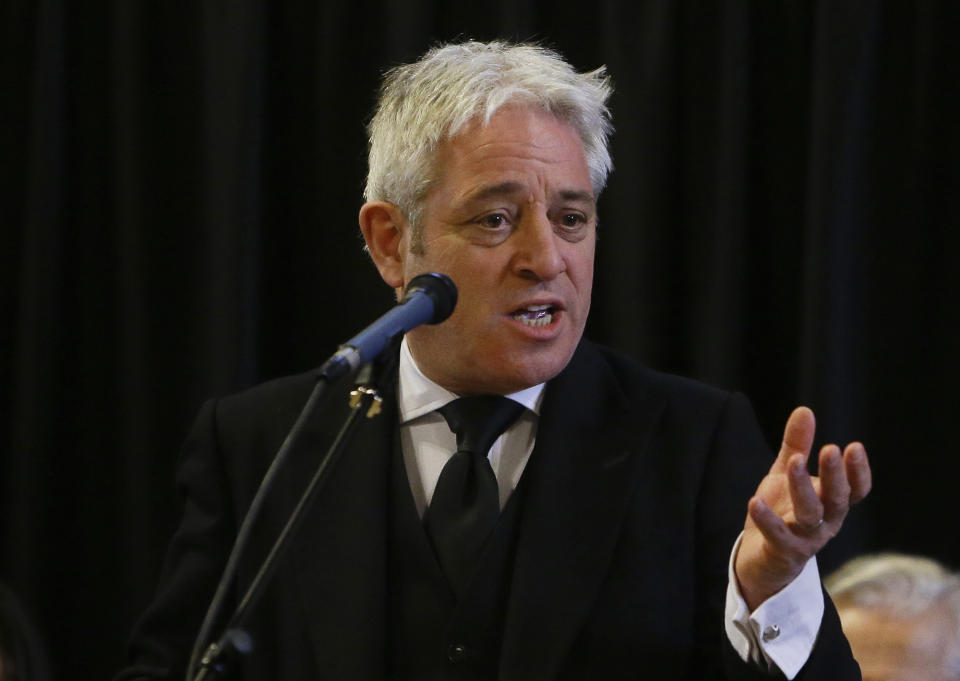 FILE - In this file photo dated Thursday, March 22, 2018, John Bercow, Speaker of the House of Commons speaks at Westminster Hall inside the Palace of Westminster in London. As Brexit enters its endgame, the big divide is not between the U.K. and the European Union, but between Britain's government and its Parliament. Since Britain and the EU struck a divorce deal late last year, the U.K.'s executive and legislature have been at war, with Prime Minister Theresa May struggling to win Parliament's backing for the deal ahead of a vote next week, and lawmakers trying to grab control of the Brexit process. (AP Photo/Alastair Grant, File)