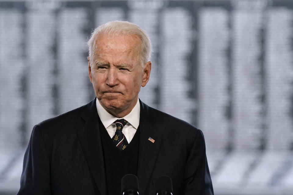 President Joe Biden speaks at a Memorial Day event at Veterans Memorial Park at the Delaware Memorial Bridge in New Castle, Del., Sunday, May 30, 2021. (AP Photo/Patrick Semansky)