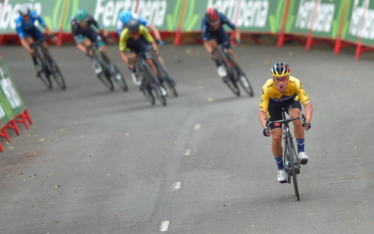 Team Jumbo rider Slovenia's Primoz Roglic wins the 1st stage of the 2020 La Vuelta cycling tour of Spain, a 173 km race from Irun to Arrate on October 20, 2020 - ANDER GILLENEA 