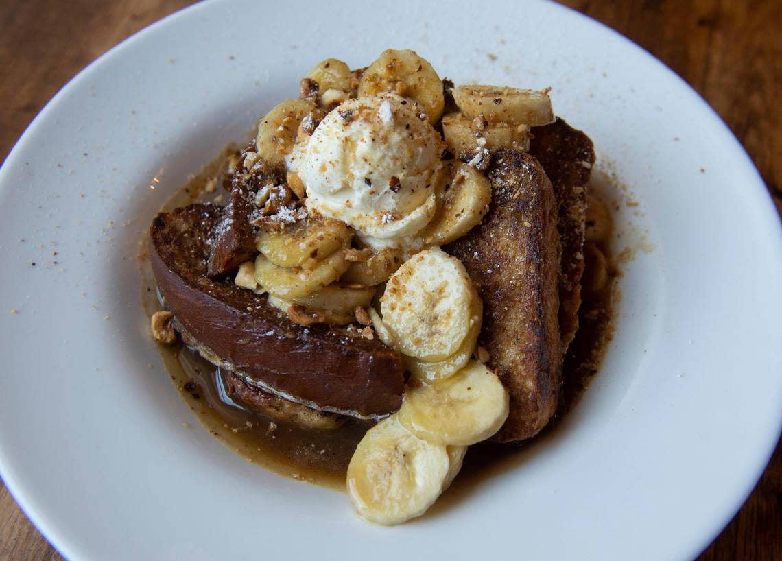 On the sweeter side of Le Sel Bistro’s brunch menu is brioche French toast with caramelized banana, roasted hazelnuts and a dollop of mascarpone. Photo taken in Tacoma on August, 5, 2021.
