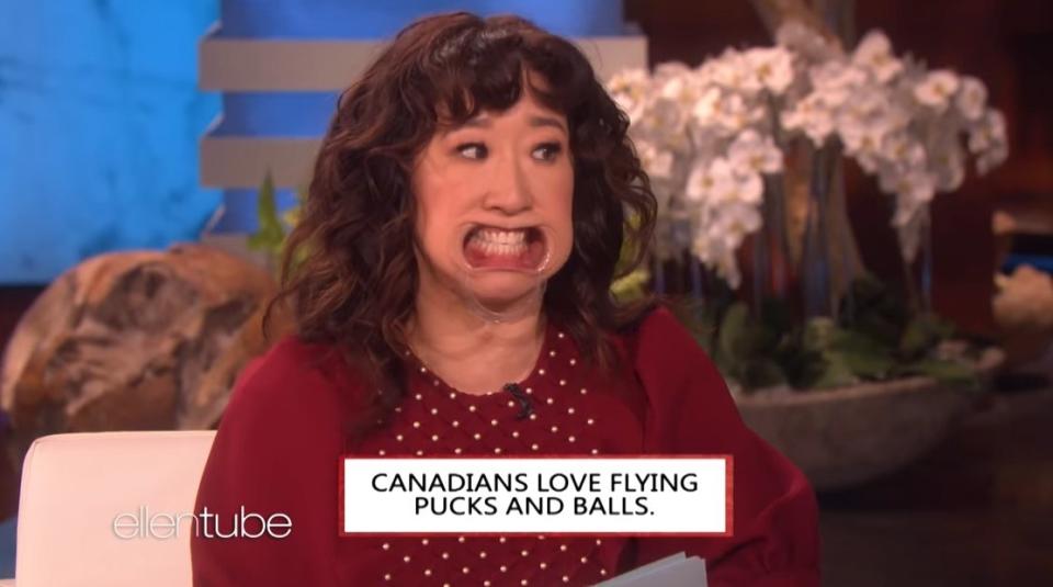 Sandra Oh tries to say "Canadians love flying pucks and balls"