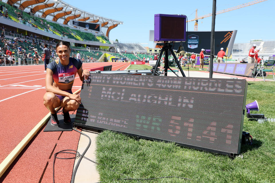 Sydney McLaughlin, pictured here celebrating her world record time in the 400m hurdles.