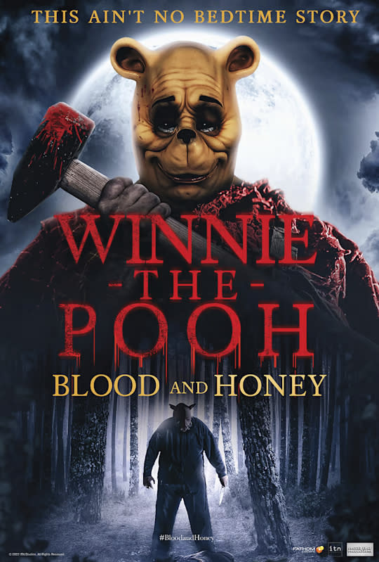 This image released by Fathom Events shows promotional art for the horror film "Winnie the Pooh: Blood and Honey." A.A. Milne’s 1926 book, “Winnie-the-Pooh,” with illustrations by E.H. Shepard, became public domain on January 1 when the copyright expired. (Fathom Events via AP)