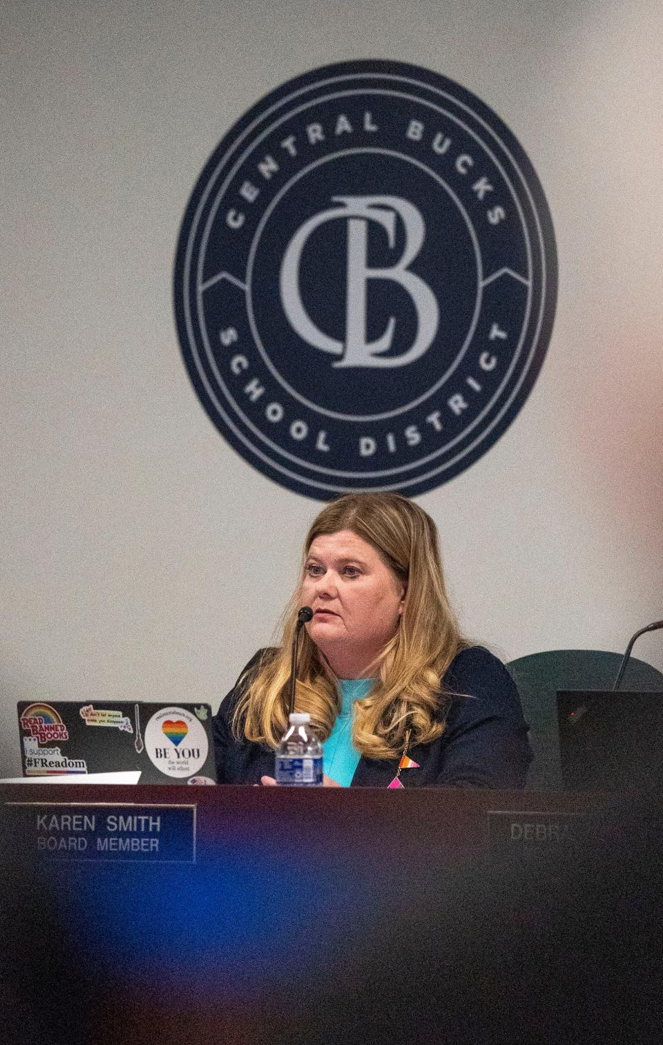 Newly-elected Board President Karen Smith speaks to the room and fellow board members at the Central Bucks School District Board re-org in Doylestown on Monday, Dec. 4, 2023.

[Daniella Heminghaus | Bucks County Courier Times]