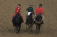 Brian Hernandez Jr. celebrates in the winner's circle after riding Mystik Dan to win the 150th running of the Kentucky Derby horse race at Churchill Downs Saturday, May 4, 2024, in Louisville, Ky. (AP Photo/Charlie Riedel)