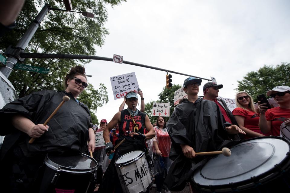 <p>Protesters play the drums and other musical instrument’s during a North Carolina public school teacher march and rally in Raleigh, N.C., May 16, 2018. (Photo: Caitlin Penna/EPA-EFE/REX/Shutterstock) </p>