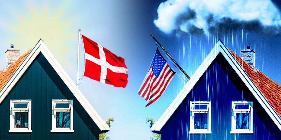 House with Danish flag flying in the sunlight, while next door, a house with an American flag is being rained on