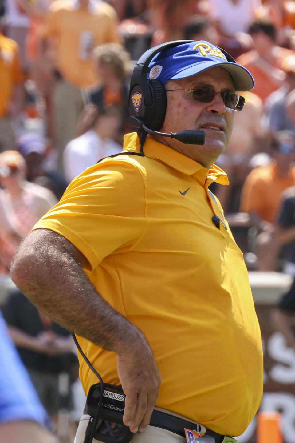 Pittsburgh head coach Pat Narduzzi watches during the first half of an NCAA college football game against Tennessee, Saturday, Sept. 11, 2021, in Knoxville, Tenn. (AP Photo/Wade Payne)