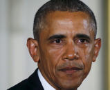 <p>President Barack Obama sheds a tear while delivering a statement on steps the administration is taking to reduce gun violence in the East Room of the White House in Washington January 5, 2016. (Carlos Barria/Reuters) </p>