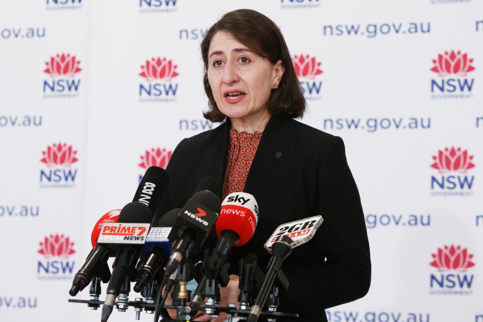 SYDNEY, AUSTRALIA - AUGUST 27: NSW Premier Gladys Berejiklian takes questions during a COVID-19 update and press conference on August 27, 2021 in Sydney, Australia. NSW recorded 882 new locally acquired cases of COVID-19 in the last 24 hours and 2 deaths as the entire state remains in lockdown. (Photo by Lisa Maree Williams-Pool/Getty Images)