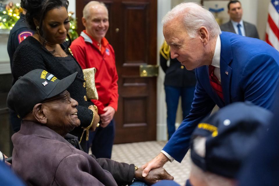 President Joe Biden thanks Army veteran James Bennett of Hutto for his World War II service during a visit Wednesday to the White House.