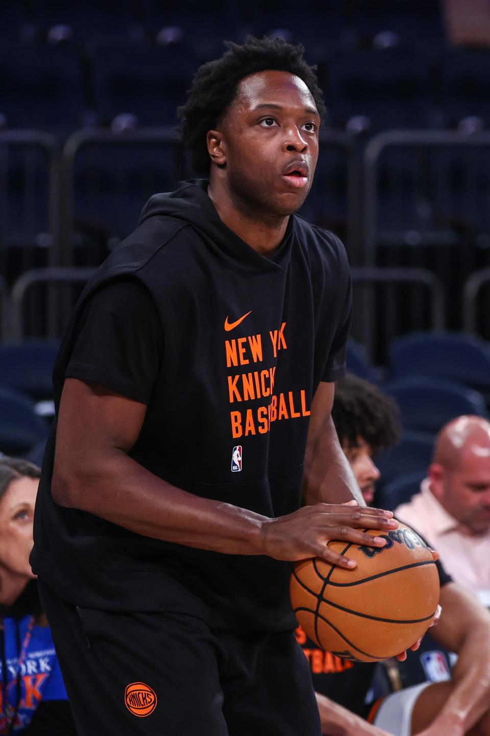 May 8, 2024; New York, New York, USA; New York Knicks forward OG Anunoby (8) warms up prior to game two of the second round for the 2024 NBA playoffs against the Indiana Pacers at Madison Square Garden. Mandatory Credit: Wendell Cruz-USA TODAY Sports