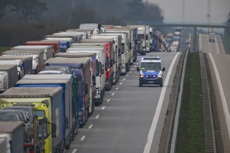 FILE PHOTO: A lorry traffic jam is seen near the German-Polish border in Frankfurt/Oder