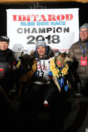 Joar Leifseth Ulsom of Norway celebrates winning the Iditarod Trail Sled Dog Race, the annual 1,000-mile (1609-km) trek across Alaska's wilderness, in Nome, Alaska, U.S., March 14, 2018. REUTERS/Nils Hahn/The Nome Nugget