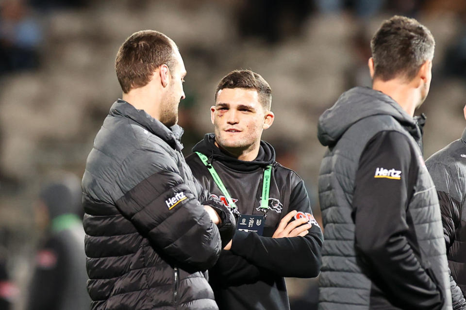 Isaah Yeo and Nathan Cleary watch on during the warm-up before the round 14 NRL match between the Cronulla Sharks and the Penrith Panthers at Netstrata Jubilee Stadium, on June 11, 2021, in Sydney, Australia.