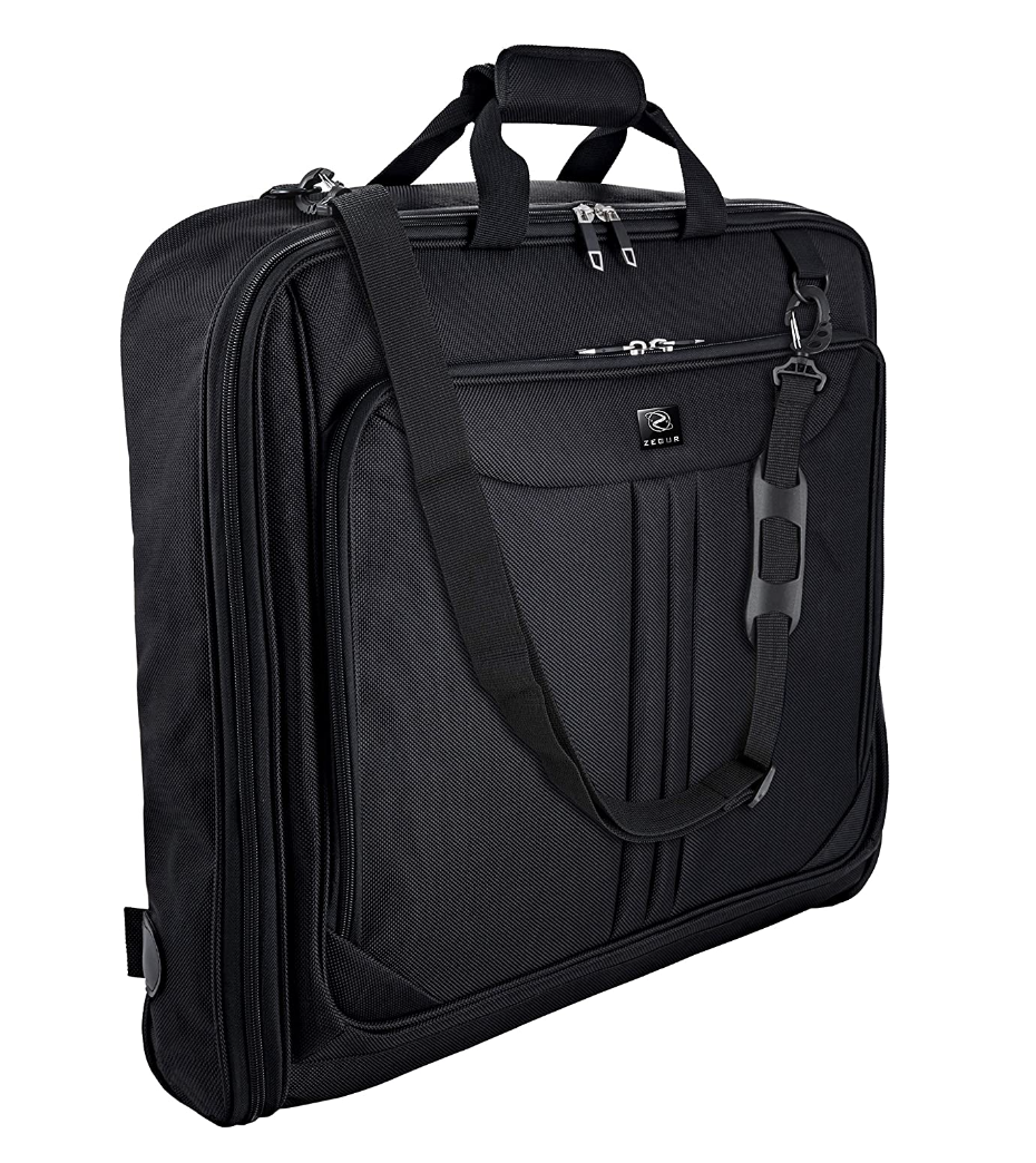 Business Garment Bag in black with long black strap on white background (Photo via Amazon)