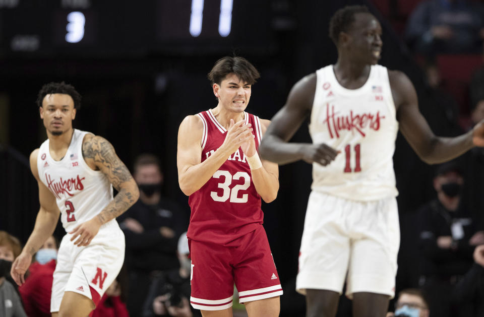 Indiana's Trey Galloway (32) celebrates after a play against Nebraska during the second half of an NCAA college basketball game, Monday, Jan. 17, 2022, in Lincoln, Neb. Indiana defeated Nebraska 78-71. (AP Photo/Rebecca S. Gratz)