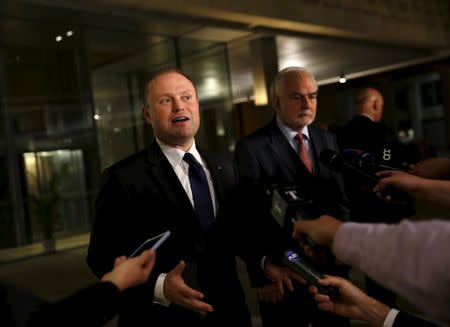 Malta's Prime Minister Joseph Muscat makes a press statement outside parliament after defeating a no-confidence motion in his government which was called by the opposition after his failure to sack two high-ranking members of his government who were named in the Panama Papers leak scandal in Valletta, Malta, April 18, 2016. REUTERS/Darrin Zammit Lupi