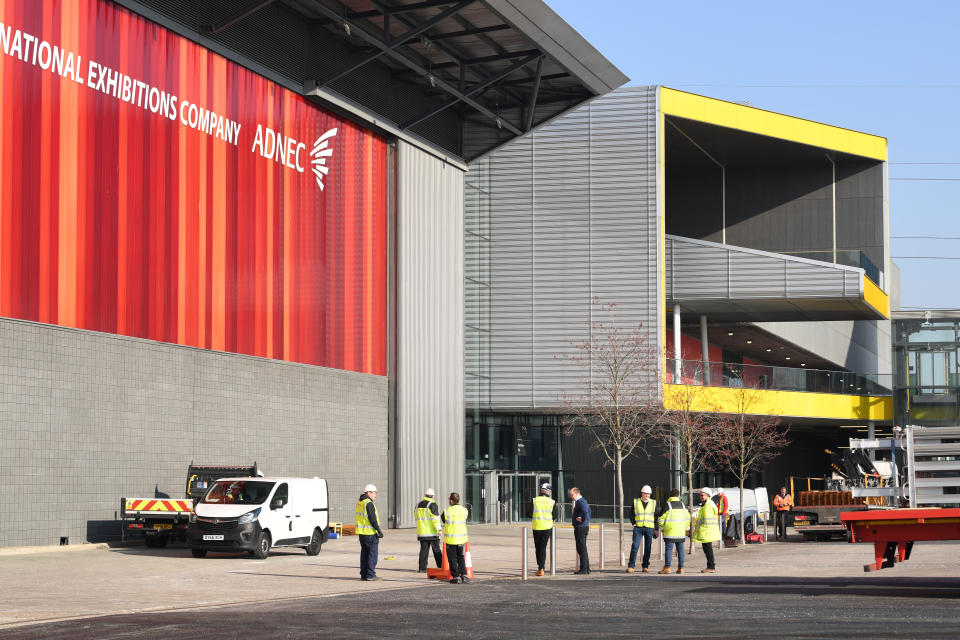 Activity outside the ExCel centre in London which is being made into a temporary hospital - the NHS Nightingale hospital, comprising of two wards, each of 2,000 people, to help tackle coronavirus.