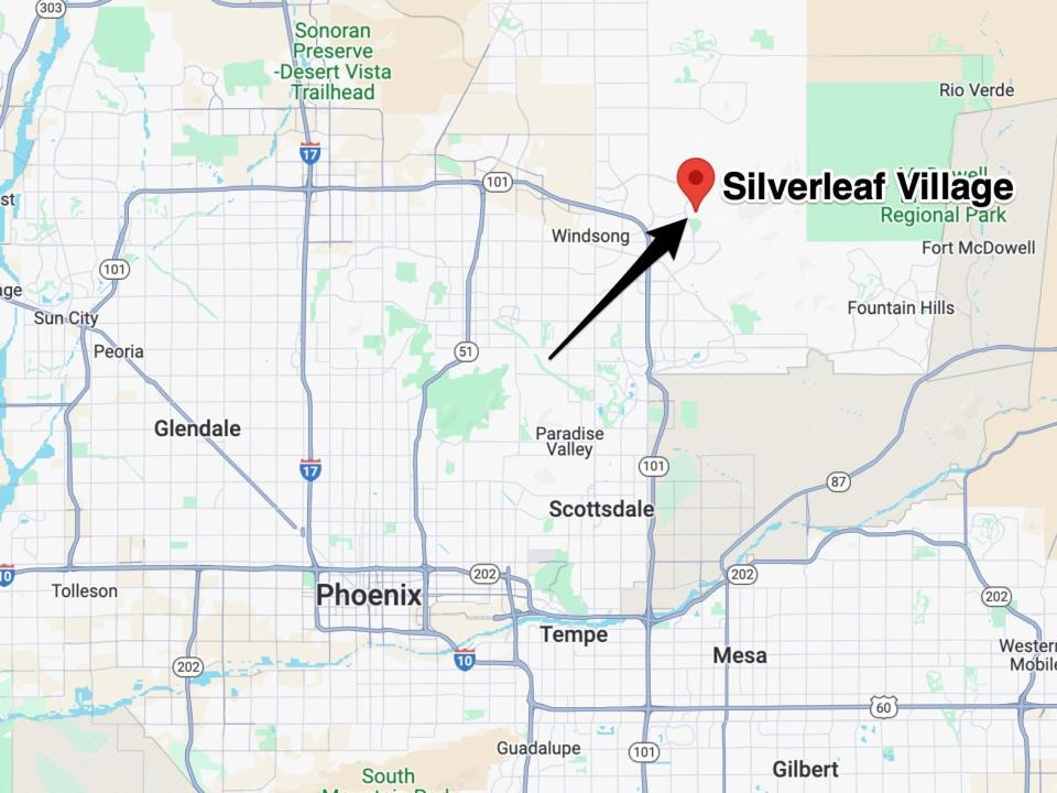 A map of Arizona with a black arrow pointing to Silverleaf Village