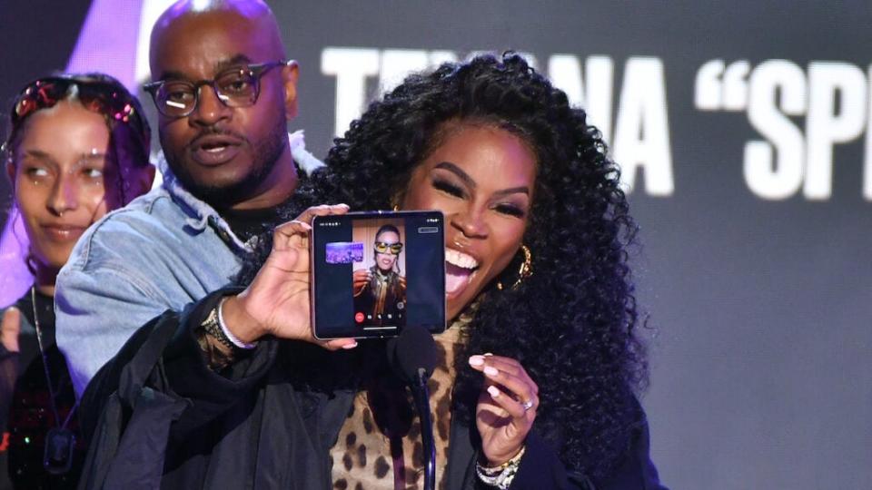 Teyana “Spike Tey” Taylor is seen on a smartphone screen held by her mom during the BET Awards 2023 at Microsoft Theater on Sunday, June 25, in Los Angeles. (Paras Griffin/Getty Images for BET)