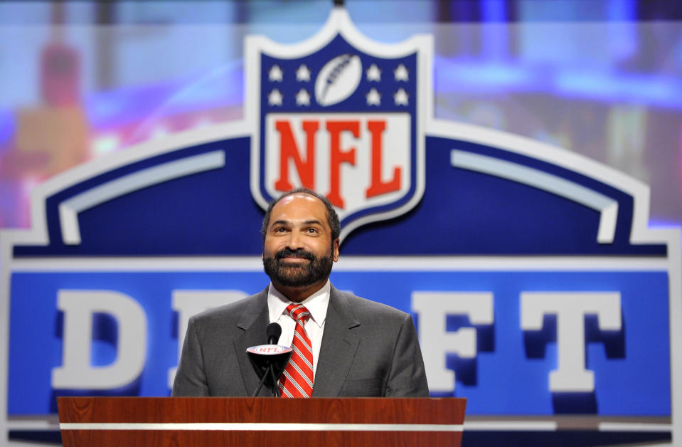 FILE - Hall of Fame Pittsburgh Steeler Franco Harris announces a draft pick during the second round of the NFL Draft at Radio City Music Hall on April 29, 2011, in New York. Harris died on Wednesday morning, Dec. 21, 2022, at age 72, just two days before the 50th anniversary of The Immaculate Reception. (AP Photo/Stephen Chernin, File)