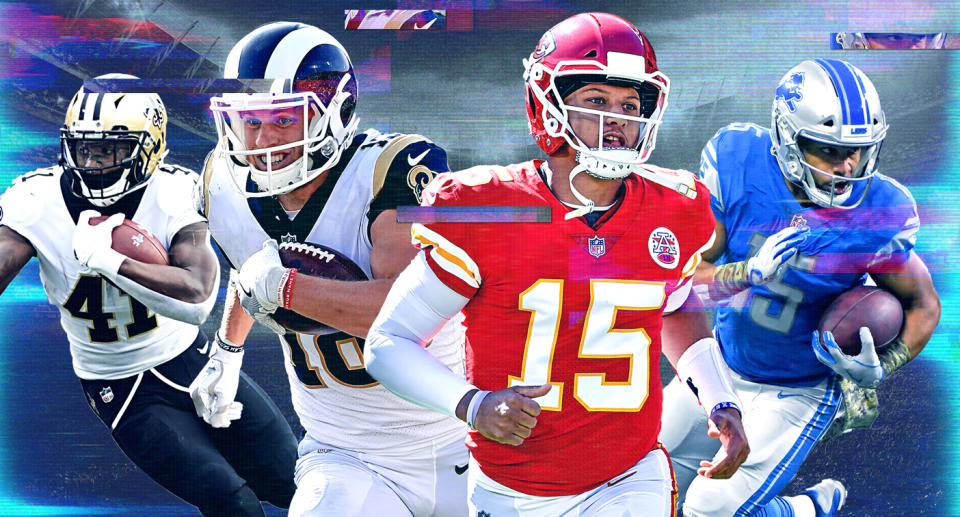 Kamara, Kupp, Mahomes, and Tate are some of the right answers, so far, in Fantasy Football 2018. (Amber Matsuomoto graphic)