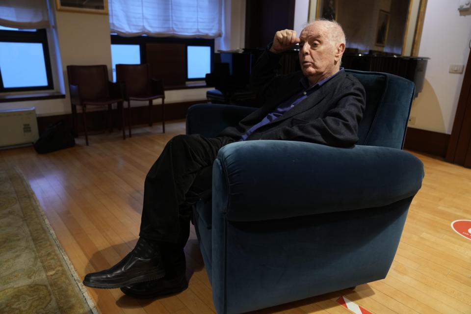 Argentine-born pianist and conductor Daniel Barenboim talks with The Associated Press during an interview, at La Scala theatre in Milan, Italy, Tuesday, Feb. 14, 2023. (AP Photo/Luca Bruno)