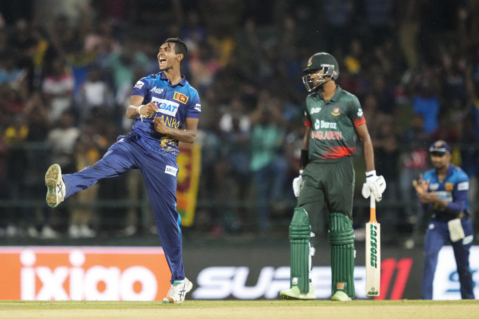 Sri Lanka's Matheesha Pathirana celebrates taking the wicket of Bangladeshes' Taskin Ahmed during the one day international cricket match between Sri Lanka and Bangladesh of Asia Cup in Pallekele, Sri Lanka on Thursday, Aug. 31. (AP Photo/Eranga Jayawardena)