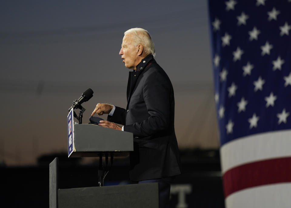 Democratic presidential candidate former Vice President Joe Biden speaks at Michigan State Fairgrounds in Novi, Mich., Friday, Oct. 16, 2020. (AP Photo/Carolyn Kaster)