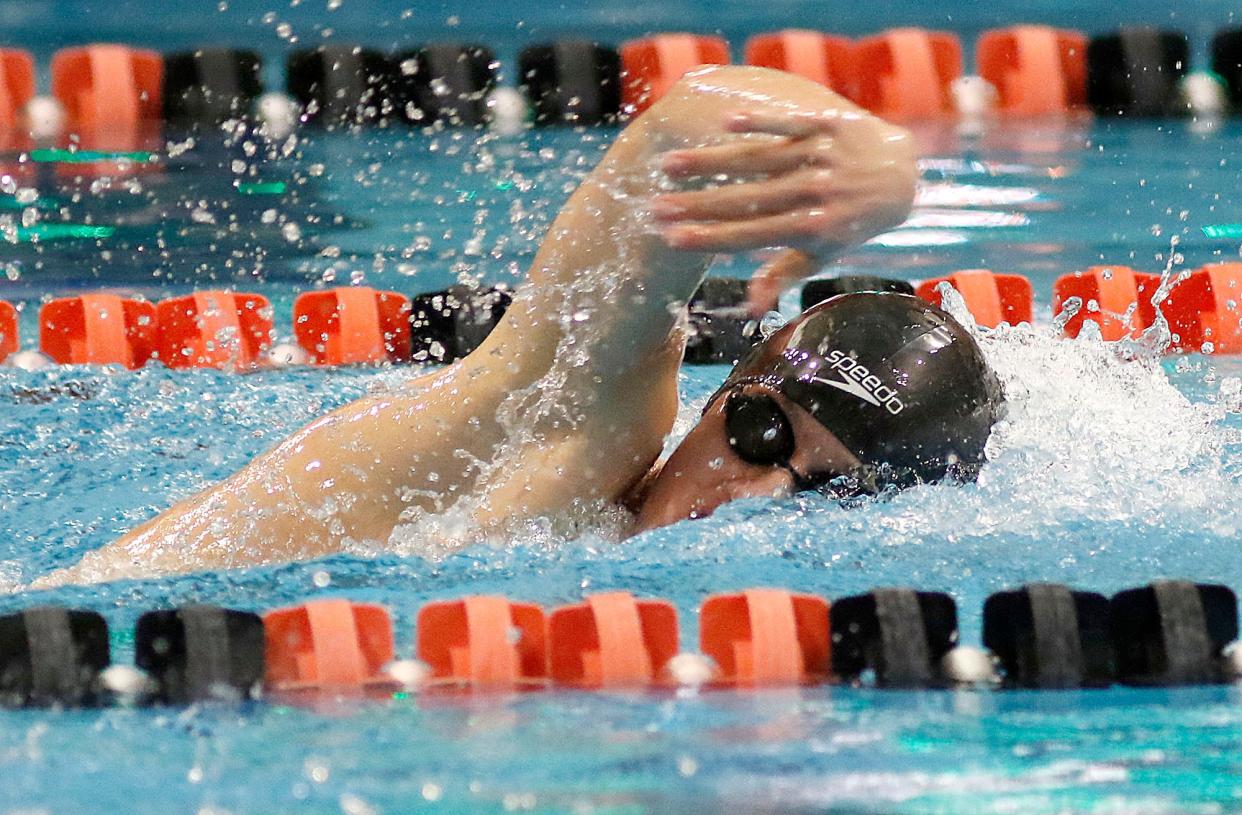 Lexington's Lucas Starling competes in the 500 freestyle at the OHSAA Division II northwest district swim meet Friday, Feb 18, 2022 at Bowling Green State University. TOM E. PUSKAR/TIMES-GAZETTE.COM