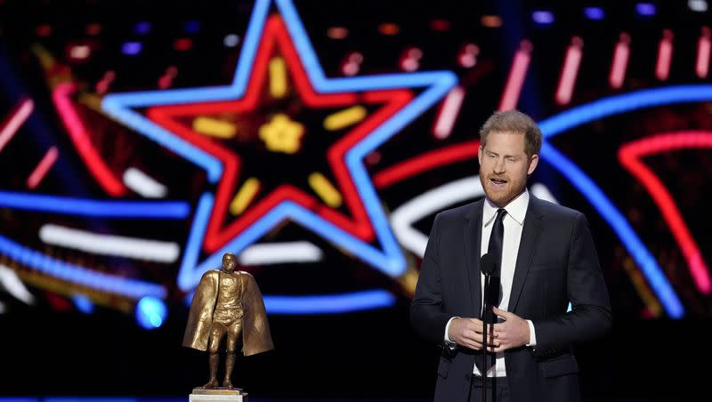 Britain’s Prince Harry presents the Walter Payton Man of the Year Award during the NFL Honors award show ahead of the Super Bowl Thursday, Feb. 8, 2024, in Las Vegas. 